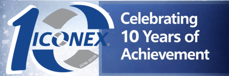 10 Year Anniversary banner in blue with ICONEX logo and text 'Celebrating 10 Years of Achievement' amid confetti and curled ribbons.