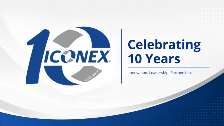 ICONEX 10 Years celebration banner with logo and the words 'Celebrating 10 Years' and the slogan 'Innovation. Leadership. Partnership.'