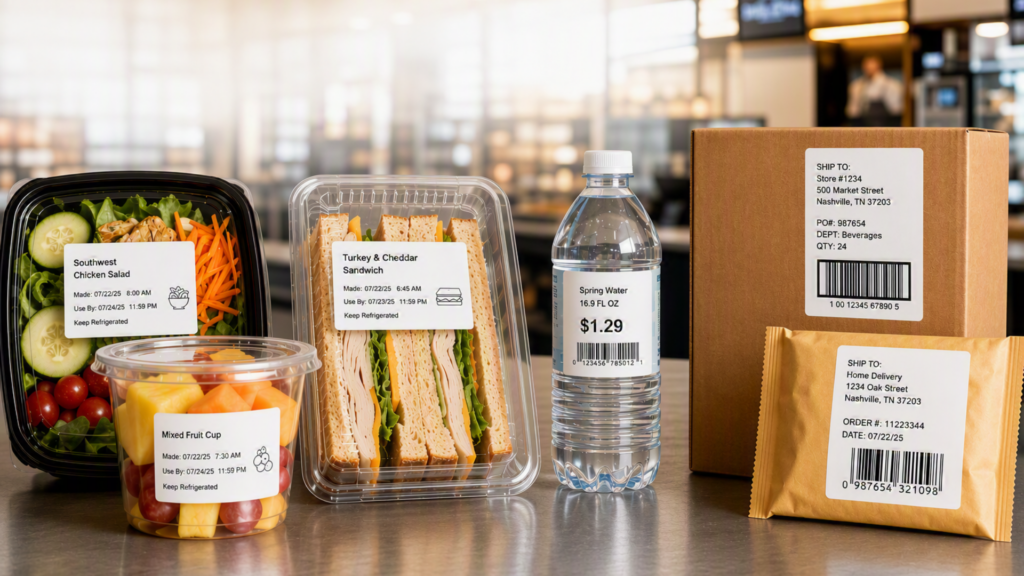 Prepacked meals and a bottle on a store counter: Southwestern chicken salad, turkey and cheddar sandwich, mixed fruit cup, bottled spring water, and shipping boxes with labels.