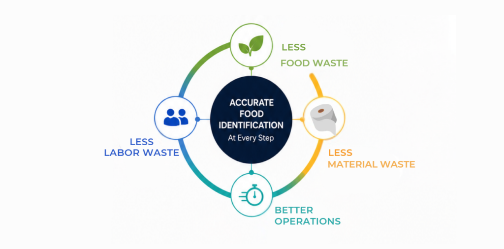 Circular infographic with 'Accurate Food Identification' at the center and four surrounding goals: less labor waste, less food waste, less material waste, and better operations.