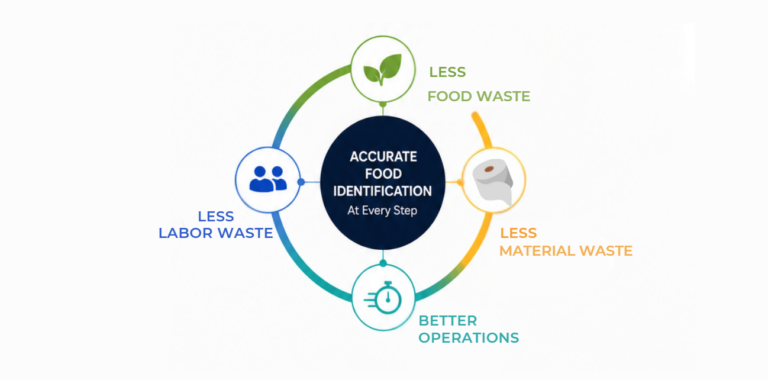 Circular infographic with 'Accurate Food Identification' at the center and four surrounding goals: less labor waste, less food waste, less material waste, and better operations.