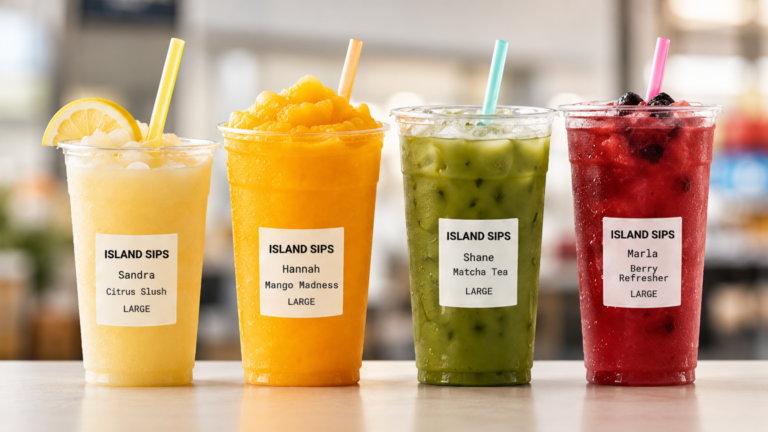Four large Island Sips drinks lined up: lemon-yellow citrus slush, orange mango slush, green matcha tea with kiwi bits, and red berry refresher, each with a label showing the flavor names.