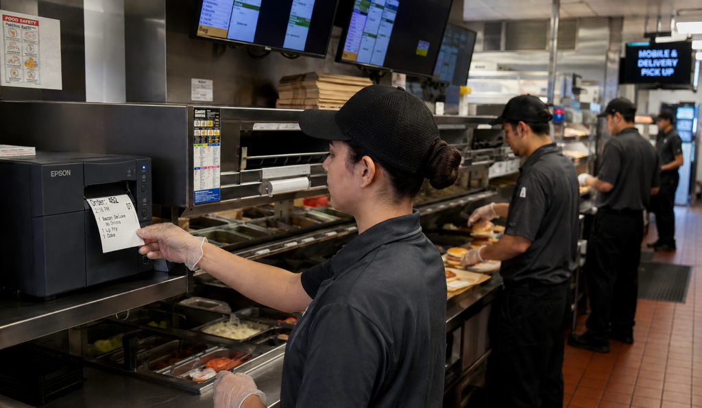 Worker in a black cap prints a food order from a printer at a fast-food line while assembling burgers behind her. Order accuracy enhanced with linerless labels.