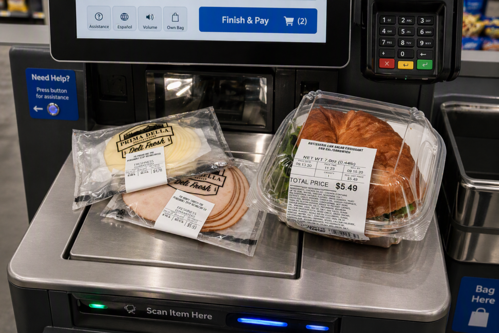 Linerless labels used in deli and fresh food weigh scale applications on self checkout scanner