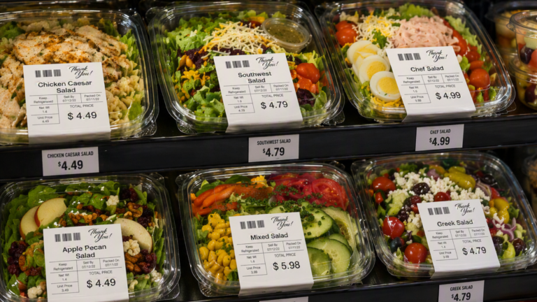 Packages of food labeled and arranged on shelf in grocery store