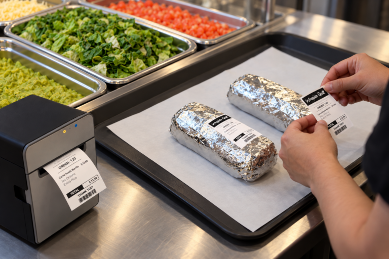 Thermal printer producing linerless foodservice labels to support reliable restaurant operations