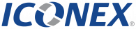 ICONEX logo: blue text with a gray circular motif interlocking into the word